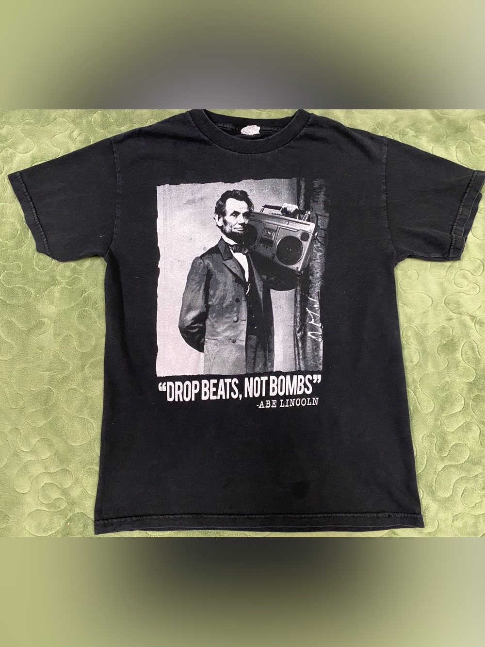 Abe Lincoln Black Graphic Tee - "Drop Beats, Not Bombs"